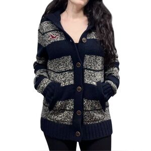 Hollister | Y2K Striped Thick Knit Button Front Hooded Cardigan Sweater